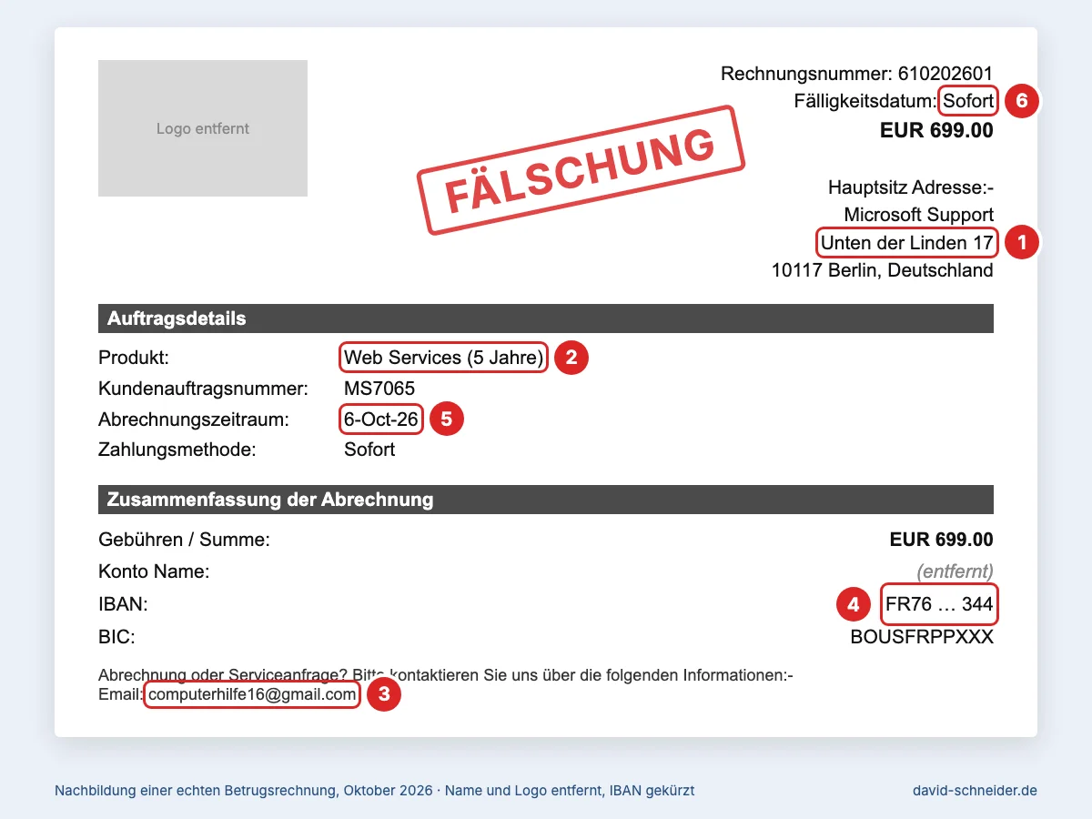 Gefälschte Microsoft-Rechnung über 699 Euro mit französischer IBAN und Gmail-Adresse